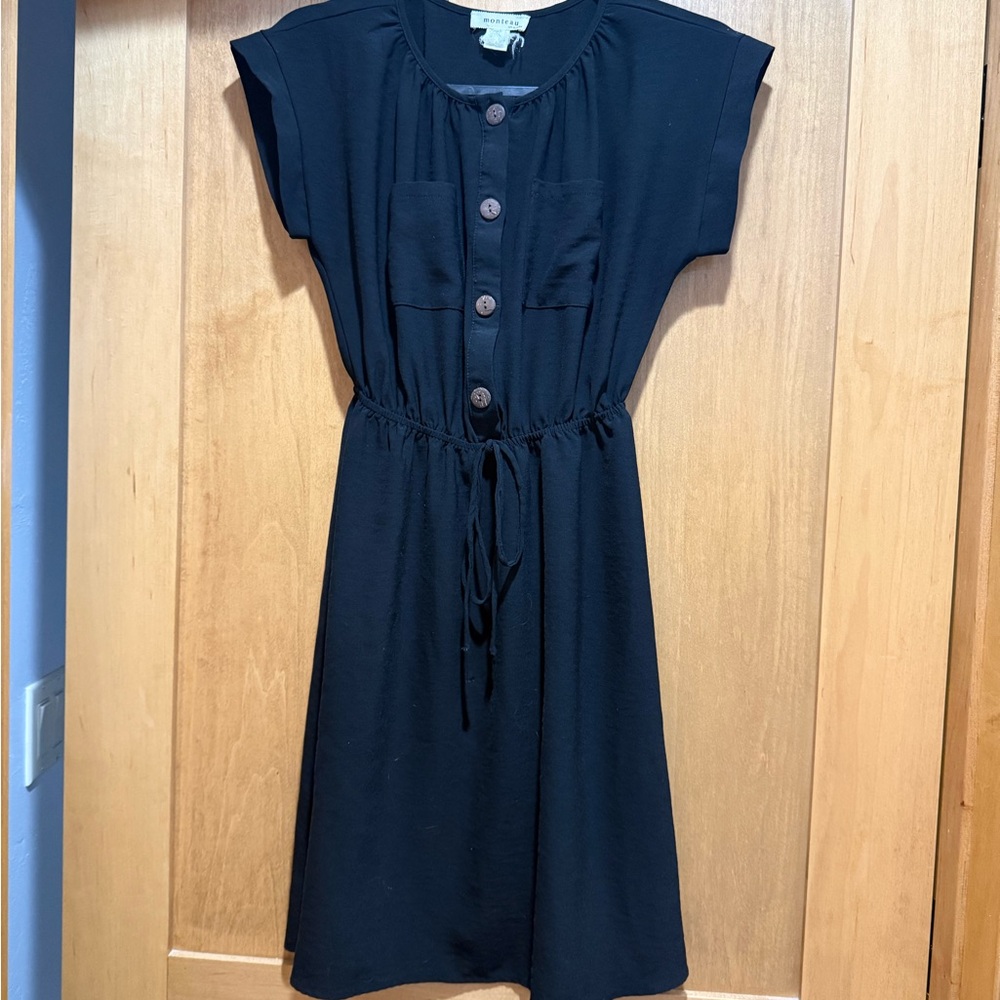 Monteau Black Button-Front Drawstring Midi Dress